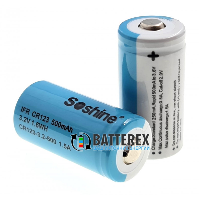 Аккумулятор 16340 CR123A Soshine 500mah 3,0V LiFePO4 без защиты Аккумулятор 16340 CR123A Soshine 500mah 3,0V LiFePO4 без защиты
