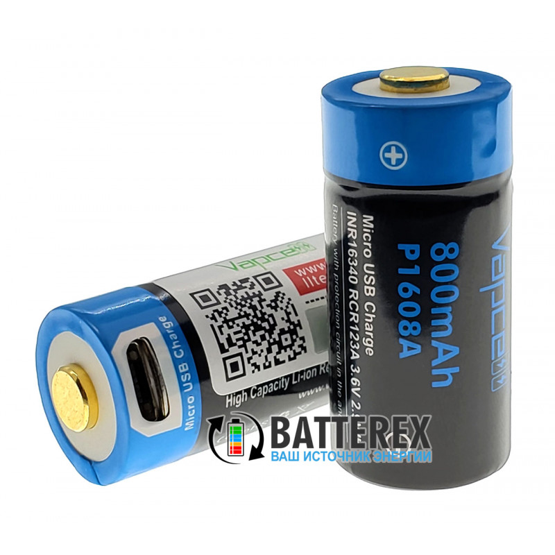 Аккумулятор 16340 CR123A с зарядкой от USB Vapcell 800mah 3,6V Protected с защитой Аккумулятор 16340 CR123A с зарядкой от USB Vapcell 800mah 3,6V Protected с защитой