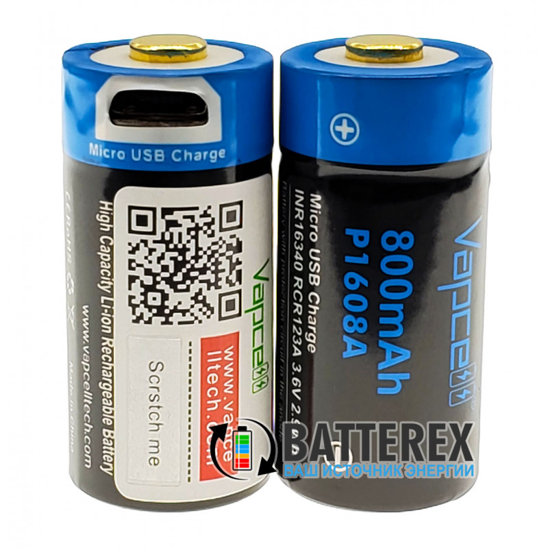 Аккумулятор 16340 CR123A с зарядкой от USB Vapcell 800mah 3,6V Protected с защитой Аккумулятор 16340 CR123A с зарядкой от USB Vapcell 800mah 3,6V Protected с защитой