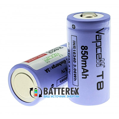 16340 CR123A Vapcell 850mah 3,7V 3A без защиты