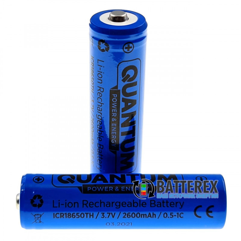 Аккумулятор 18650 Quantum ICR18650 2600mah 3.7V Button Top с выпуклым контактом плюс