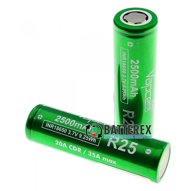 Аккумулятор Vapcell INR18650 R25 2500mah 3.7V 20A высокотоковый - полный аналог Samsung 25R и LG HE4 Аккумулятор Vapcell INR18650 R25 2500mah 3.7V 20A высокотоковый - полный аналог Samsung 25R и LG HE4