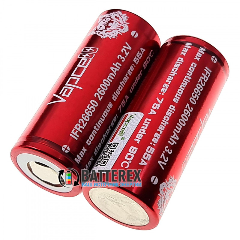Аккумулятор LiFePO4 26650 Vapcell 2600mah 3.2V 55/75A высокотоковый Аккумулятор LiFePO4 26650 Vapcell 2600mah 3.2V 55/75A высокотоковый