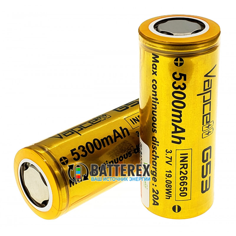 Аккумулятор 26650 высокотоковый Vapcell 5300mah 3,7V 20A без платы защиты Аккумулятор 26650 высокотоковый Vapcell 5300mah 3,7V 20A без платы защиты