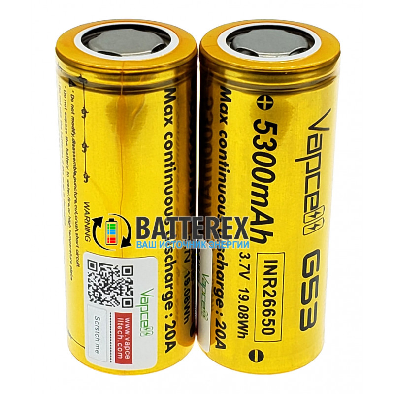 Аккумулятор 26650 высокотоковый Vapcell 5300mah 3,7V 20A без платы защиты Аккумулятор 26650 высокотоковый Vapcell 5300mah 3,7V 20A без платы защиты
