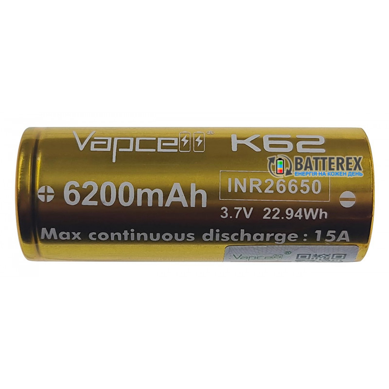 Аккумулятор 26650 высокотоковый Vapcell 6200mah 3,7V 15A без платы защиты
