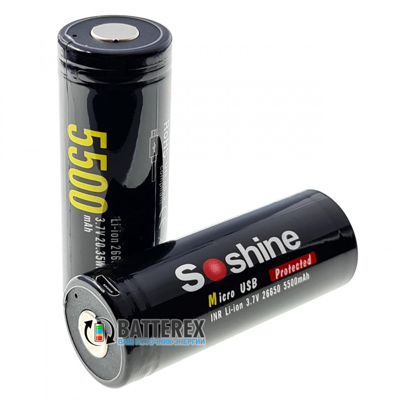 Аккумулятор 26650 Soshine 5500mah 3,7V Protected microUSB с защитой с зарядкой от micro-USB Аккумулятор 26650 Soshine 5500mah 3,7V Protected microUSB с защитой с зарядкой от micro-USB