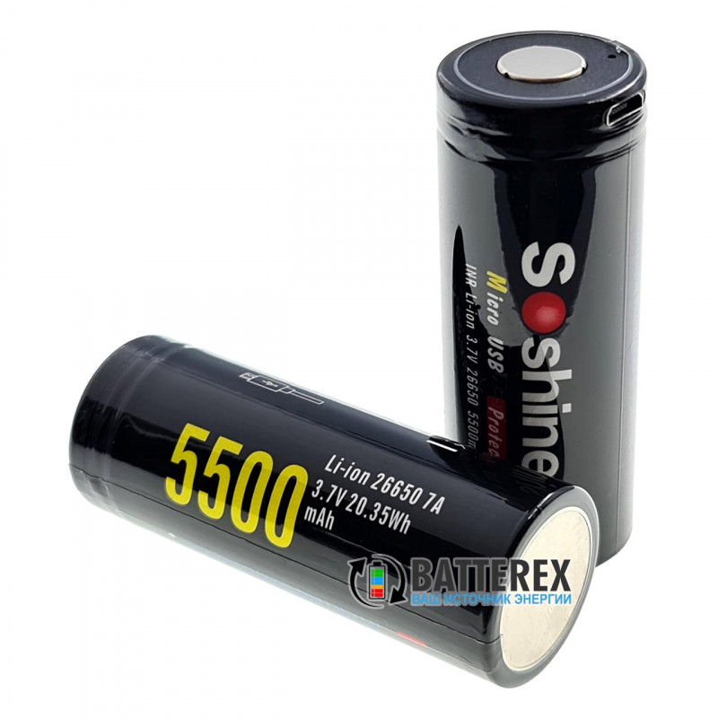 Аккумулятор 26650 Soshine 5500mah 3,7V Protected microUSB с защитой с зарядкой от micro-USB Аккумулятор 26650 Soshine 5500mah 3,7V Protected microUSB с защитой с зарядкой от micro-USB
