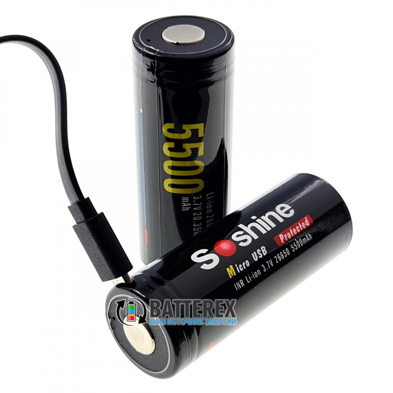 Аккумулятор 26650 Soshine 5500mah 3,7V Protected microUSB с защитой с зарядкой от micro-USB Аккумулятор 26650 Soshine 5500mah 3,7V Protected microUSB с защитой с зарядкой от micro-USB