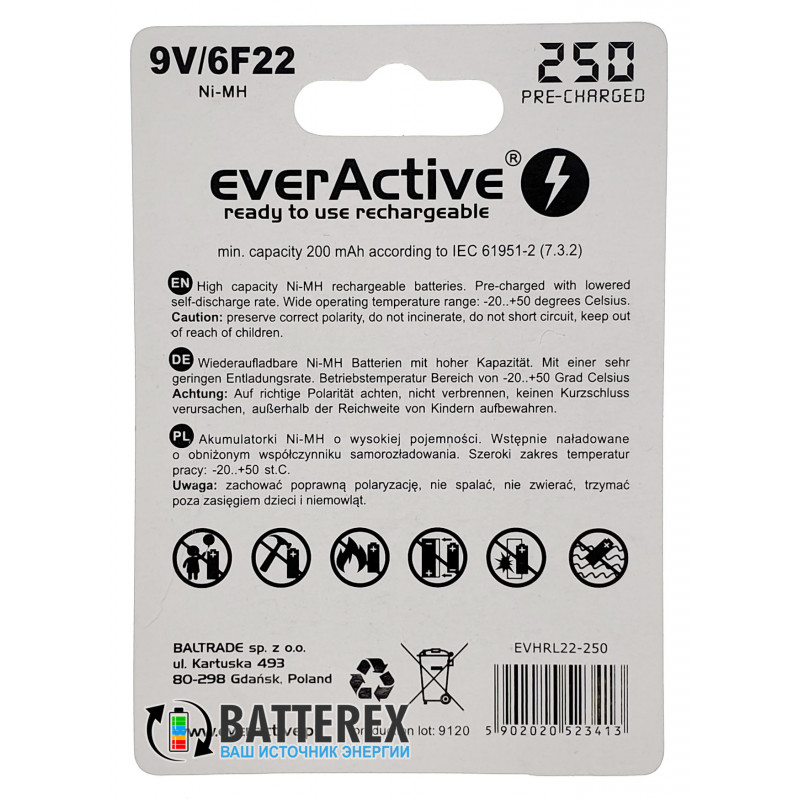 Аккумулятор Крона EverActive 9V 250mah с низким саморазрядом на 1200 циклов