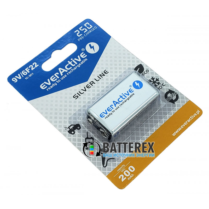 Аккумулятор Крона EverActive 9V 250mah с низким саморазрядом на 1200 циклов