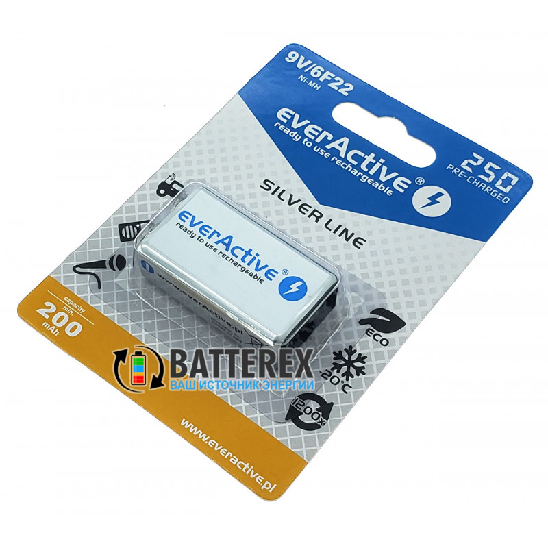 Аккумулятор Крона EverActive 9V 250mah с низким саморазрядом на 1200 циклов