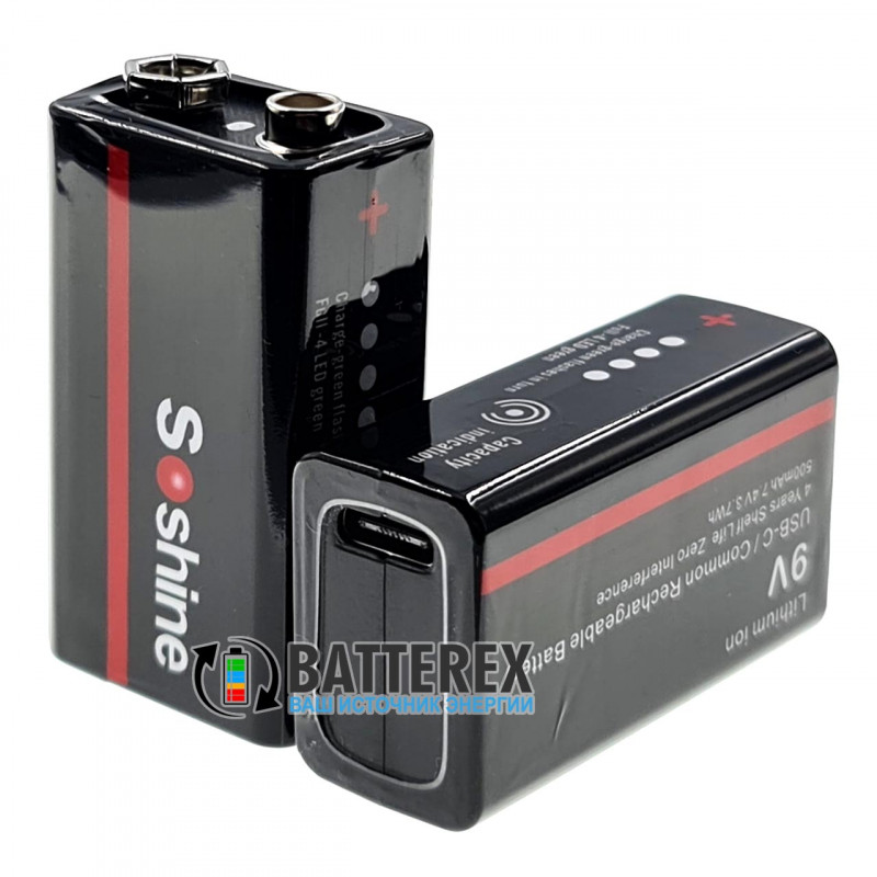USB аккумулятор Крона Li-Ion Soshine 9V 500mah с портом Type-C для зарядки и индикатором уровня заряда USB аккумулятор Крона Li-Ion Soshine 9V 500mah с портом Type-C для зарядки и индикатором уровня заряда