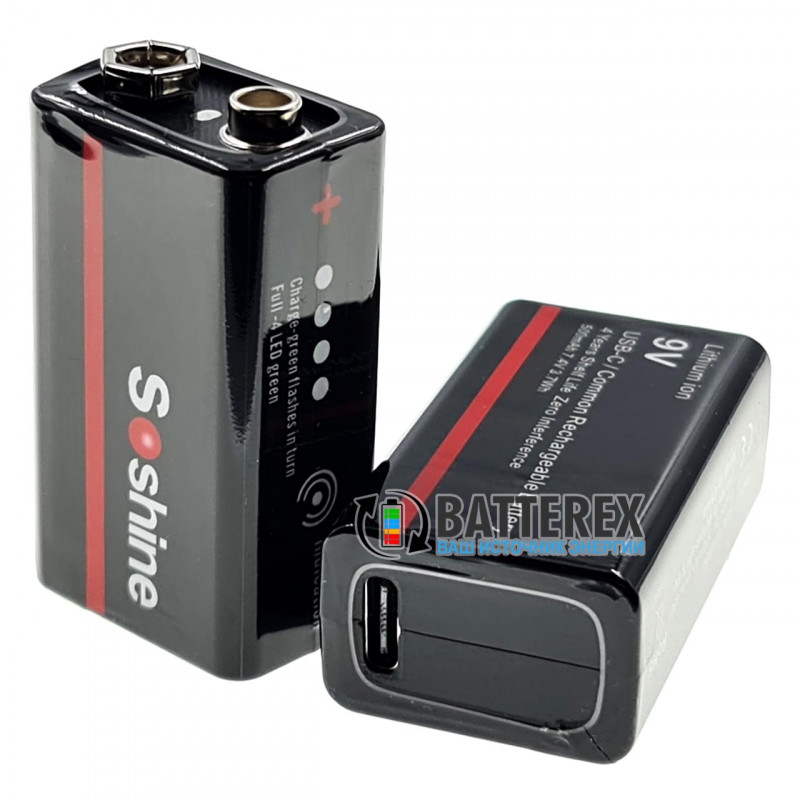 USB аккумулятор Крона Li-Ion Soshine 9V 500mah с портом Type-C для зарядки и индикатором уровня заряда USB аккумулятор Крона Li-Ion Soshine 9V 500mah с портом Type-C для зарядки и индикатором уровня заряда