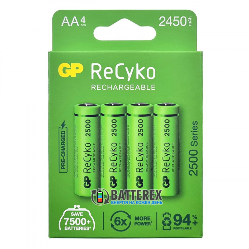 Пальчиковые АА аккумуляторы GP Recyko 2500mah - картонная упаковка 4 шт.