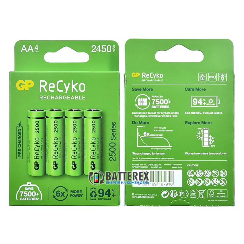 Пальчиковые АА аккумуляторы GP Recyko 2500mah - картонная упаковка 4 шт.