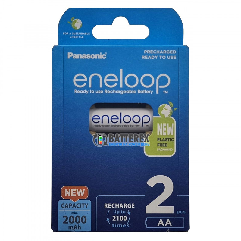 2 аккумулятора AA Panasonic Eneloop 2000 mah BK-3MCDE/2BE в картонной эко-упаковке EcoBox