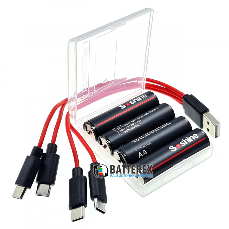 Аккумуляторы AA Li-ion Soshine 1.5V 2600mWh с зарядкой от USB Type-C - комплект 4 аккумулятора, зарядный кабель и бокс для хранения