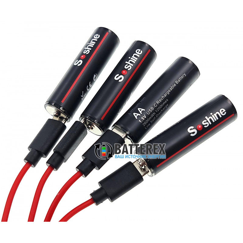 Аккумуляторы AA Li-ion Soshine 1.5V 2600mWh с зарядкой от USB Type-C - комплект 4 аккумулятора, зарядный кабель и бокс для хранения Аккумуляторы AA Li-ion Soshine 1.5V 2600mWh с зарядкой от USB Type-C - комплект 4 аккумулятора, зарядный кабель и бокс для хранения