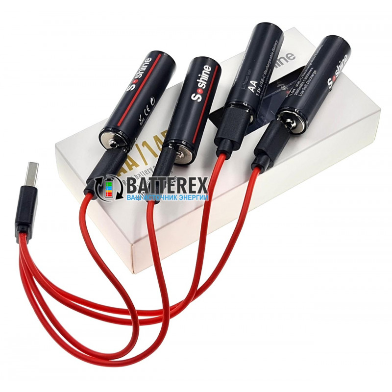Аккумуляторы AA Li-ion Soshine 1.5V 2600mWh с зарядкой от USB Type-C - комплект 4 аккумулятора, зарядный кабель и бокс для хранения Аккумуляторы AA Li-ion Soshine 1.5V 2600mWh с зарядкой от USB Type-C - комплект 4 аккумулятора, зарядный кабель и бокс для хранения