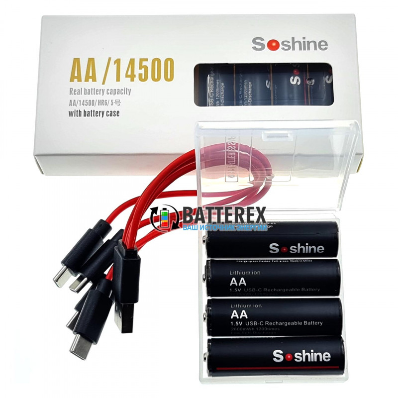 Аккумуляторы AA Li-ion Soshine 1.5V 2600mWh с зарядкой от USB Type-C - комплект 4 аккумулятора, зарядный кабель и бокс для хранения Аккумуляторы AA Li-ion Soshine 1.5V 2600mWh с зарядкой от USB Type-C - комплект 4 аккумулятора, зарядный кабель и бокс для хранения