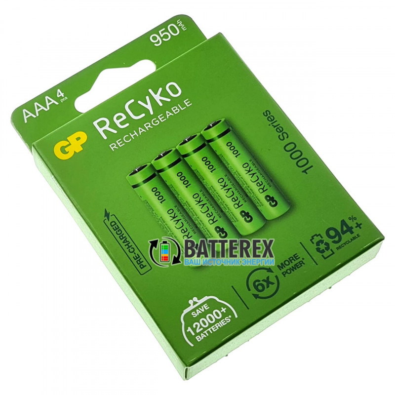 Минипальчиковые ААА аккумуляторы GP Recyko 950mah - упаковка 4 шт. в картонной коробочке Минипальчиковые ААА аккумуляторы GP Recyko 950mah - упаковка 4 шт. в картонной коробочке