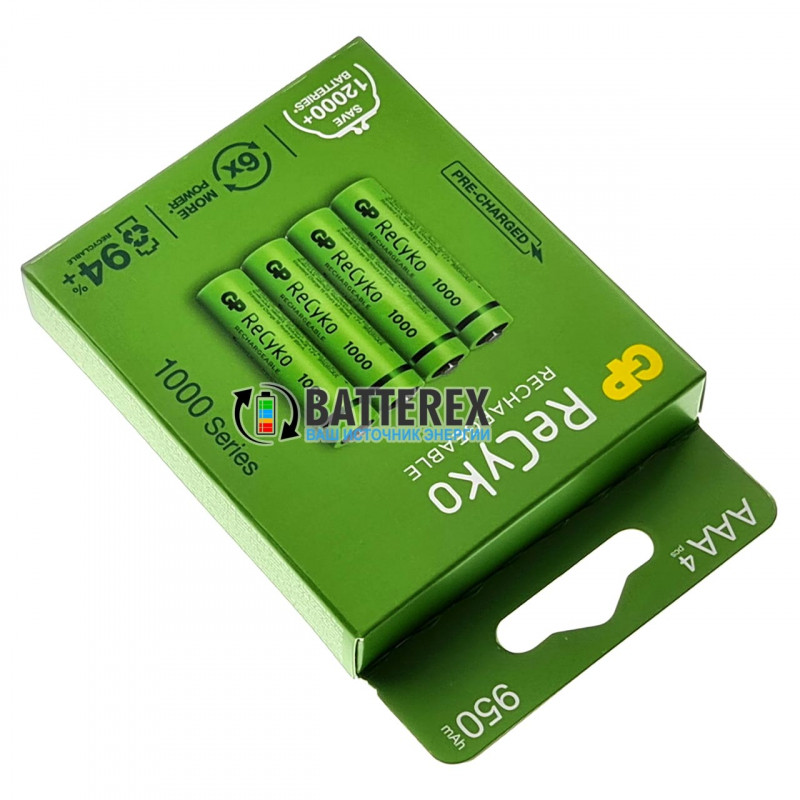 Минипальчиковые ААА аккумуляторы GP Recyko 950mah - упаковка 4 шт. в картонной коробочке Минипальчиковые ААА аккумуляторы GP Recyko 950mah - упаковка 4 шт. в картонной коробочке