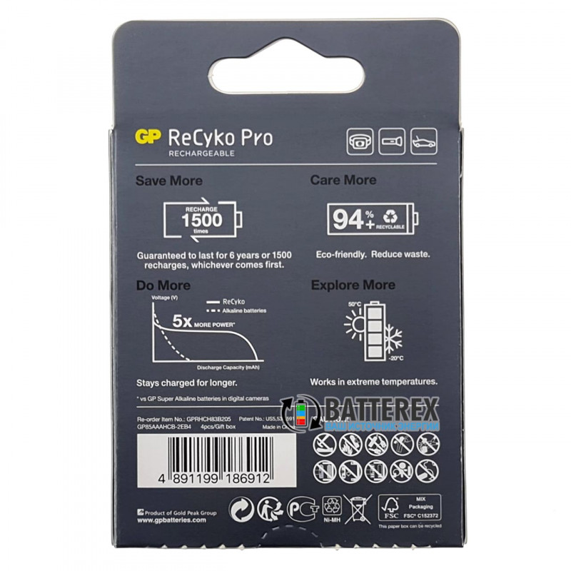 Минипальчиковые ААА аккумуляторы GP Recyko Pro 800mah на 1500 циклов - 4 шт. в коробочке