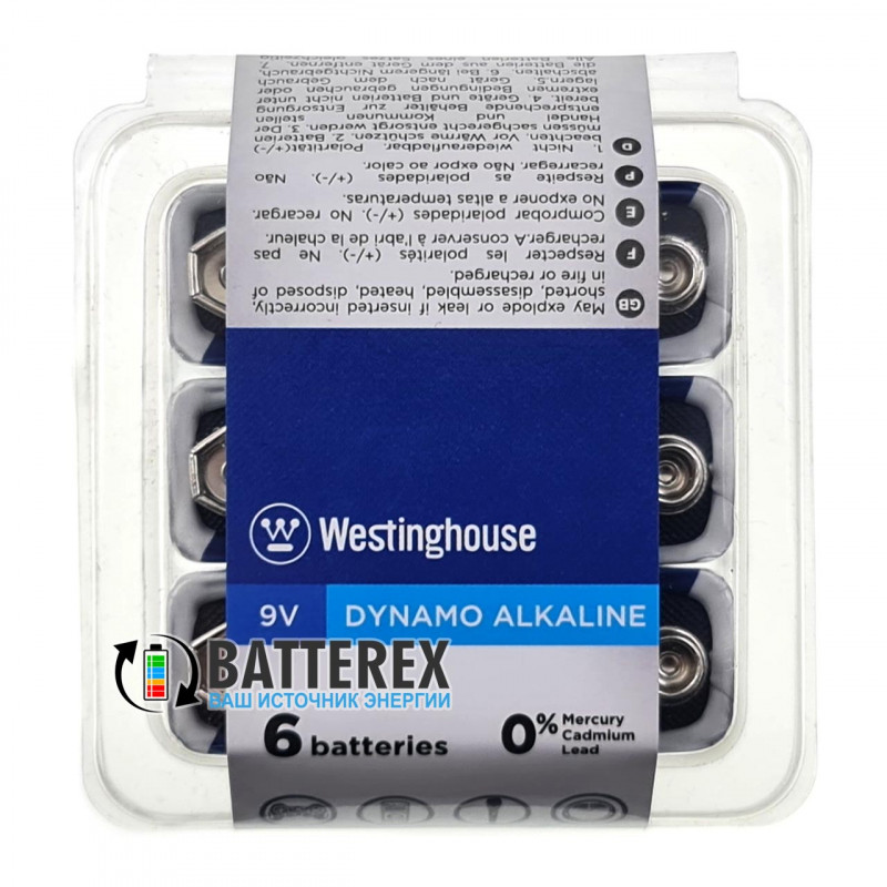 Батарейки щелочные Крона 9V Westinghouse Dynamo Alkaline - экономичная упаковка 6 шт.