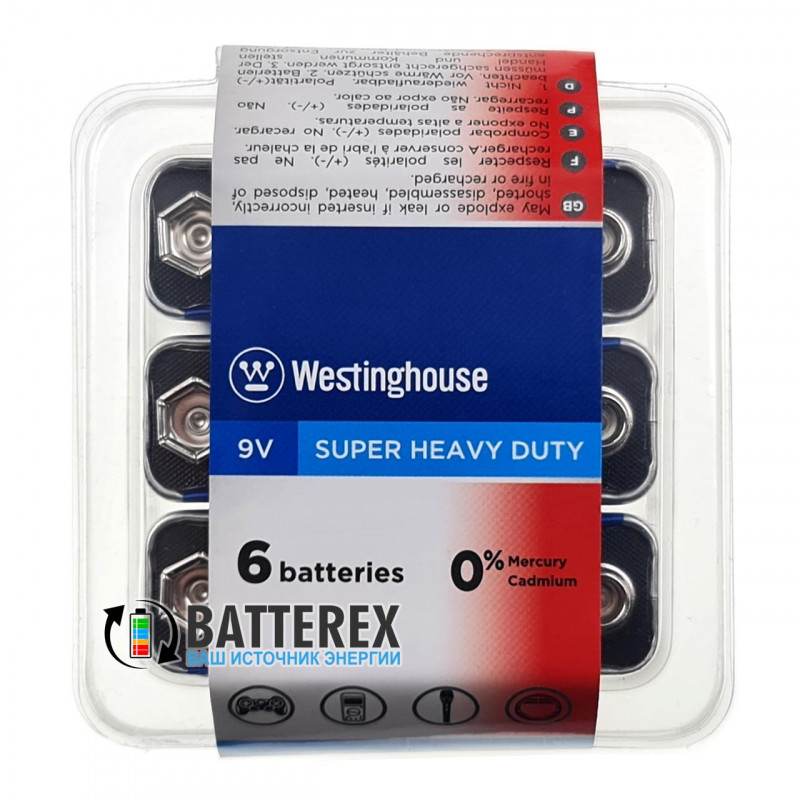 Батарейки Крона Zinc Carbon Westinghouse Super Heavy Duty 6F22 солевые - упаковка 6 шт.