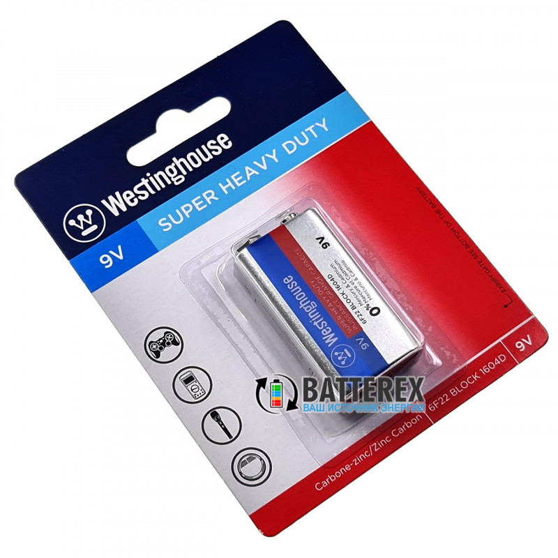 Батарейка Крона Zinc Carbon (солевая) 9 вольт Westinghouse Super Heavy Duty 6F22