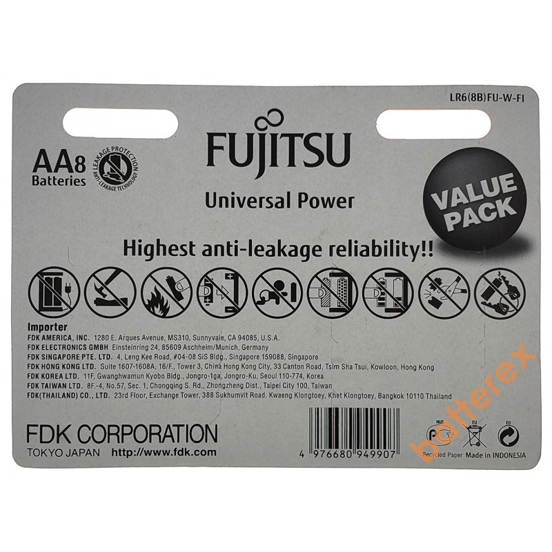 Батарейки АА Alkaline LR6 1.5V Fujitsu Universal Power - 8 шт. в блистере Батарейки АА Alkaline LR6 1.5V Fujitsu Universal Power - 8 шт. в блистере