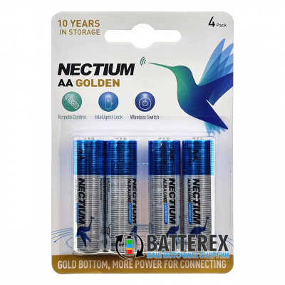 Батарейки щелочные АА Nectium Golden LR6 1.5V с позолоченным контактом минус - упаковка 4 шт.