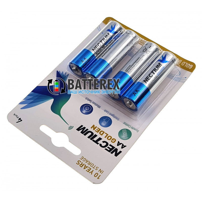 Батарейки АА LR6 Alkaline Nectium Golden 1.5V с позолоченным контактом минус для лучшей токоотдачи