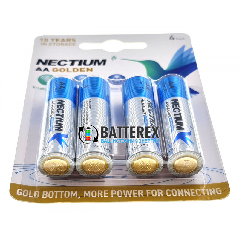 Батарейки АА LR6 Alkaline Nectium Golden 1.5V с позолоченным контактом минус для лучшей токоотдачи