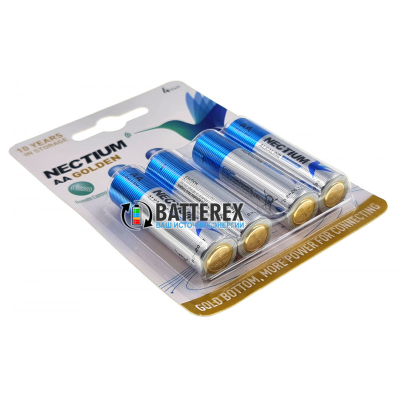 Батарейки АА LR6 Alkaline Nectium Golden 1.5V с позолоченным контактом минус для лучшей токоотдачи
