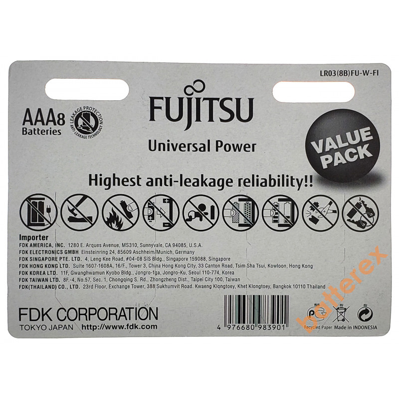 Батарейки ААА Alkaline LR03 1.5V Fujitsu Universal Power - 8 шт. в блистере Батарейки ААА Alkaline LR03 1.5V Fujitsu Universal Power - 8 шт. в блистере
