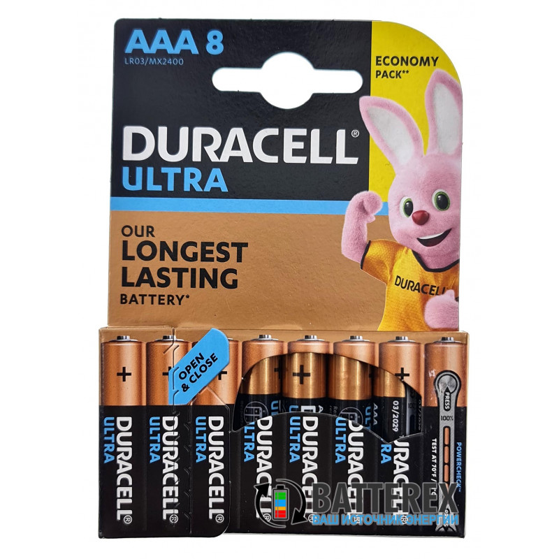 Батарейки АAА LR03 1.5V Duracell Alkaline Ultra Powercheck с проверкой уровня заряда - 8 шт. в блистере