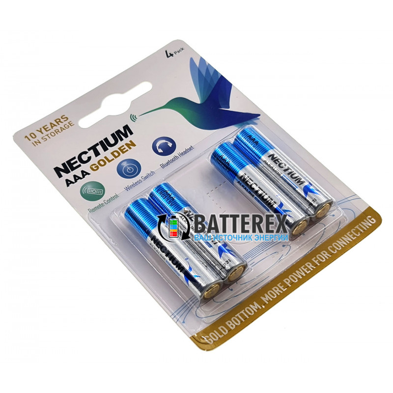 Батарейки AA LR03 Alkaline Nectium Golden 1.5V с позолоченным контактом минус для лучшей токоотдачи