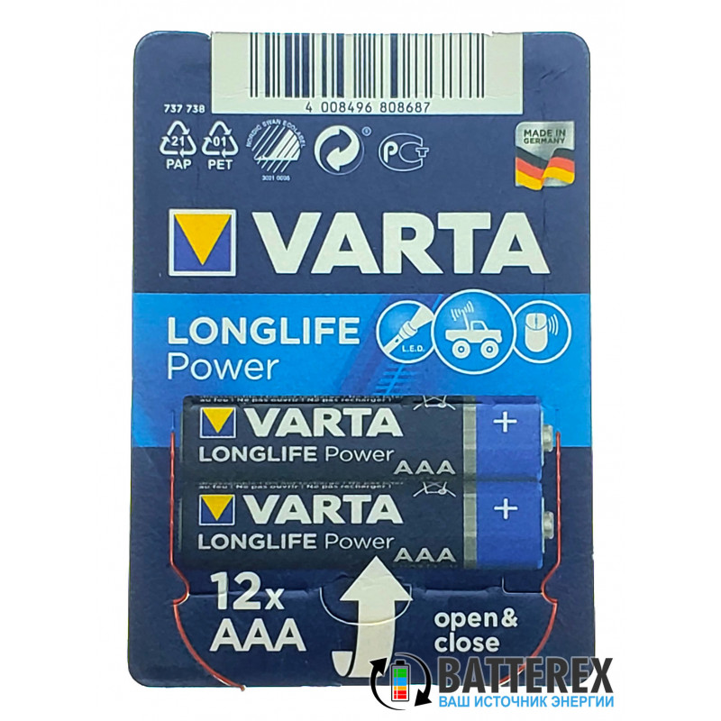 Батарейки минипальчиковые ААА LR03 Varta Alkaline Longlife Power 1.5V - экономичная упаковка 12 шт