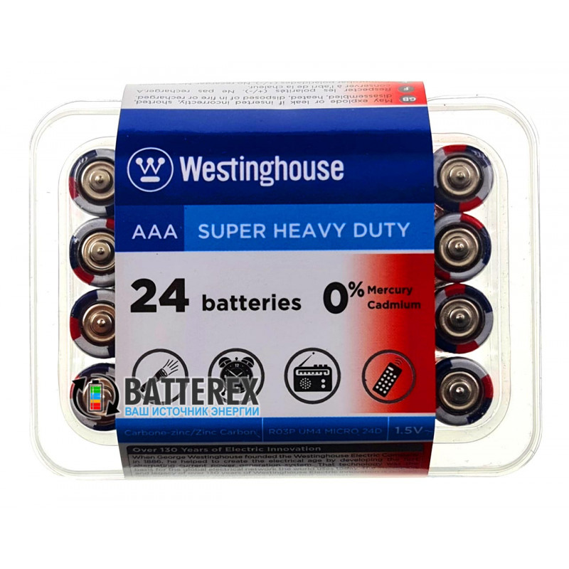 Батарейки ААА Westinghouse Super Heavy Duty R03 1.5V - выгодная упаковка на 24 шт Батарейки ААА Westinghouse Super Heavy Duty R03 1.5V - выгодная упаковка на 24 шт