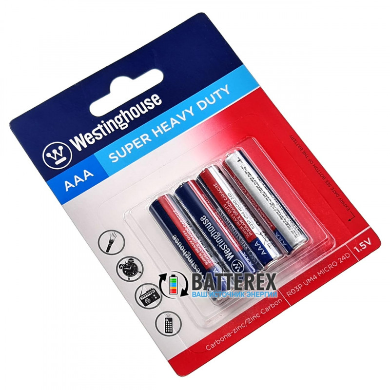 Батарейки солевые ААА Westinghouse Super Heavy Duty R03 1.5V - 4 шт. в блистере Батарейки солевые ААА Westinghouse Super Heavy Duty R03 1.5V - 4 шт. в блистере