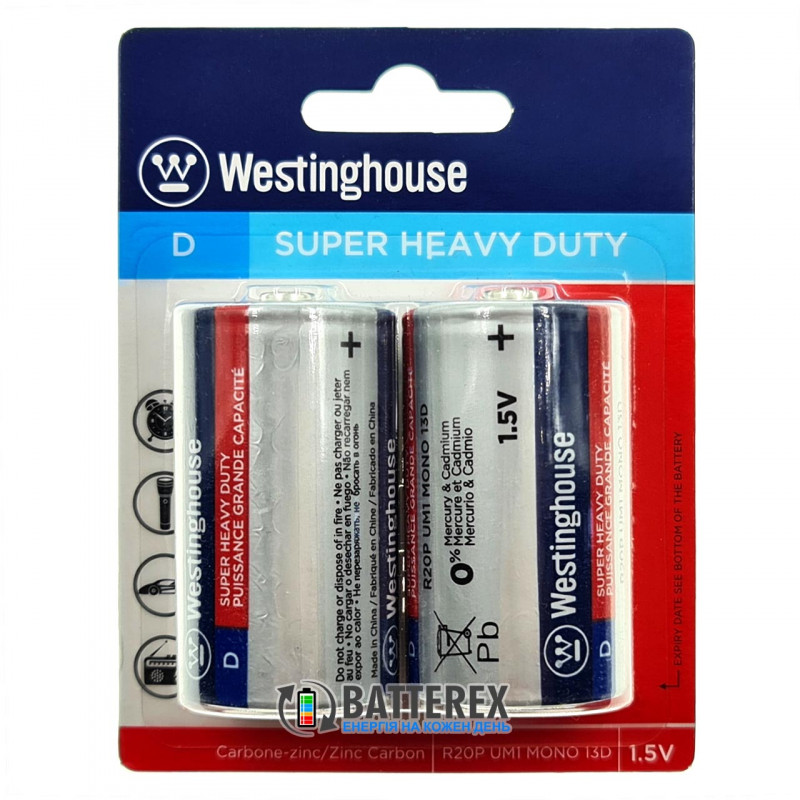 Батарейки солевые D R20 Westinghouse Super Heavy Duty 1.5V - 2 шт. в картонном блистере