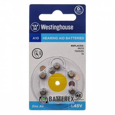 Батарейка A10 Westinghouse Zinc Air 1.45V для слуховых аппаратов - 6 шт. в упаковке (цена за упаковку)