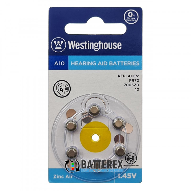 Батарейки A10 Westinghouse Zinc Air 1.45V для слуховых аппаратов - 6 шт. в блистере