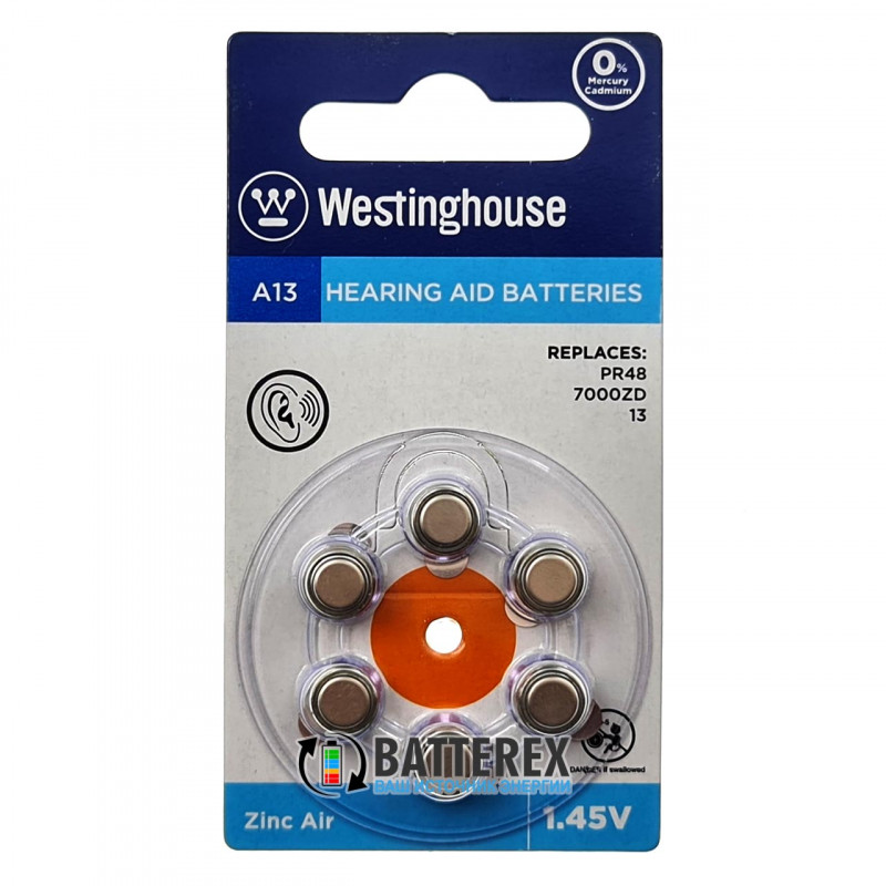 Батарейки A13 Westinghouse Zinc Air 1.45V для слуховых аппаратов - 6 шт. в блистере