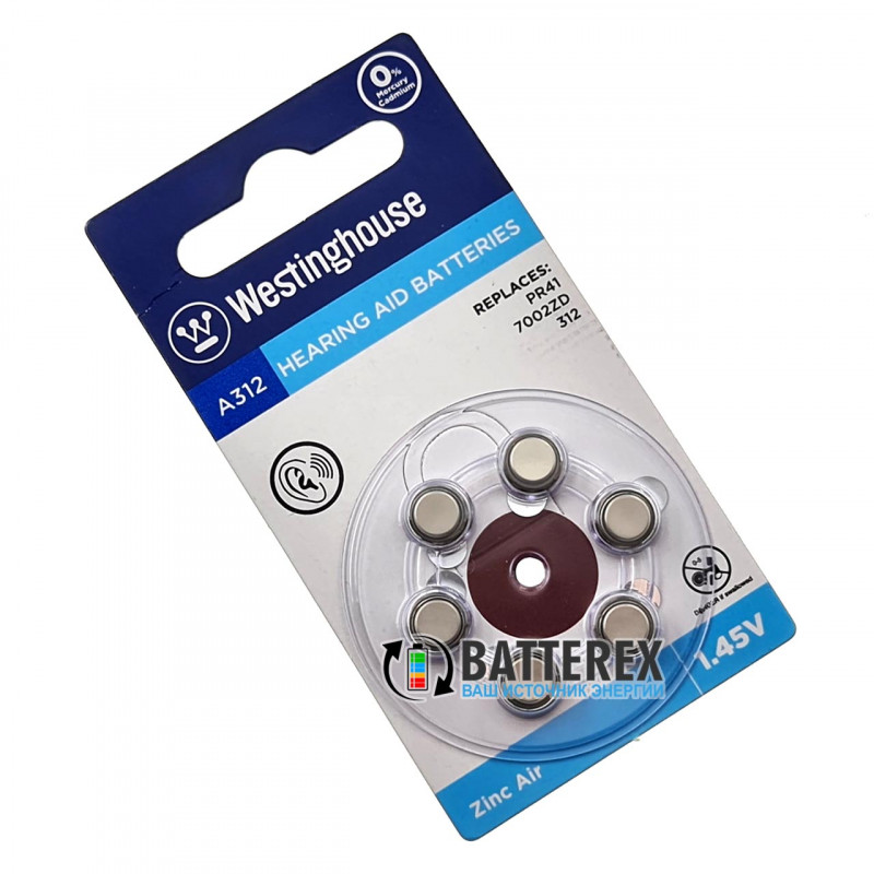 Батарейки A312 Westinghouse Zinc Air 1.45V для слуховых аппаратов - 6 шт. в блистере Батарейки A312 Westinghouse Zinc Air 1.45V для слуховых аппаратов - 6 шт. в блистере