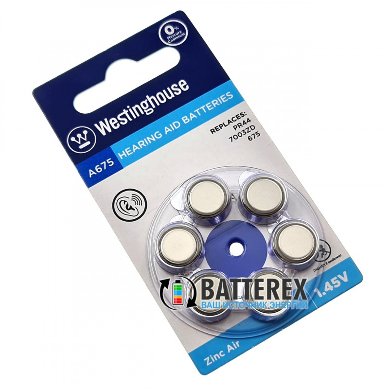Батарейки A675 Westinghouse Zinc Air 1.45V для слуховых аппаратов - 6 шт. в блистере Батарейки A675 Westinghouse Zinc Air 1.45V для слуховых аппаратов - 6 шт. в блистере