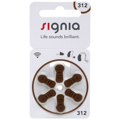 Батарейки Signia 312 PR41 для слухового аппарата (Германия) - 6 шт. в упаковке (цена за упаковку)