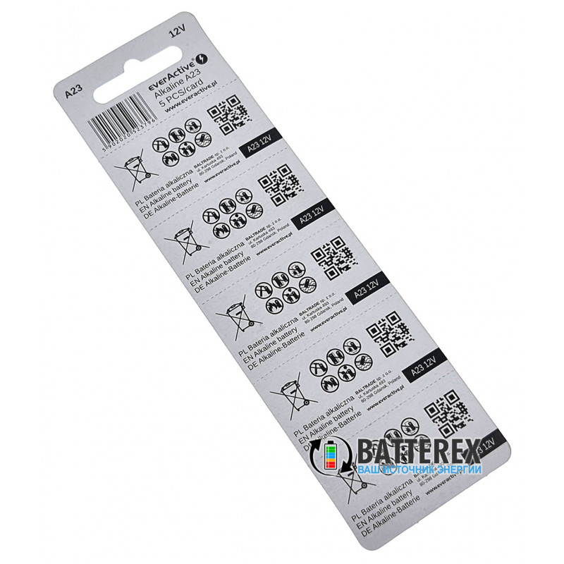 Батарейка А23 Everactive Alkaline 12V (12 вольт) - типоразмеры LRV08, LR23A, А21, 1811A Батарейка А23 Everactive Alkaline 12V (12 вольт) - типоразмеры LRV08, LR23A, А21, 1811A